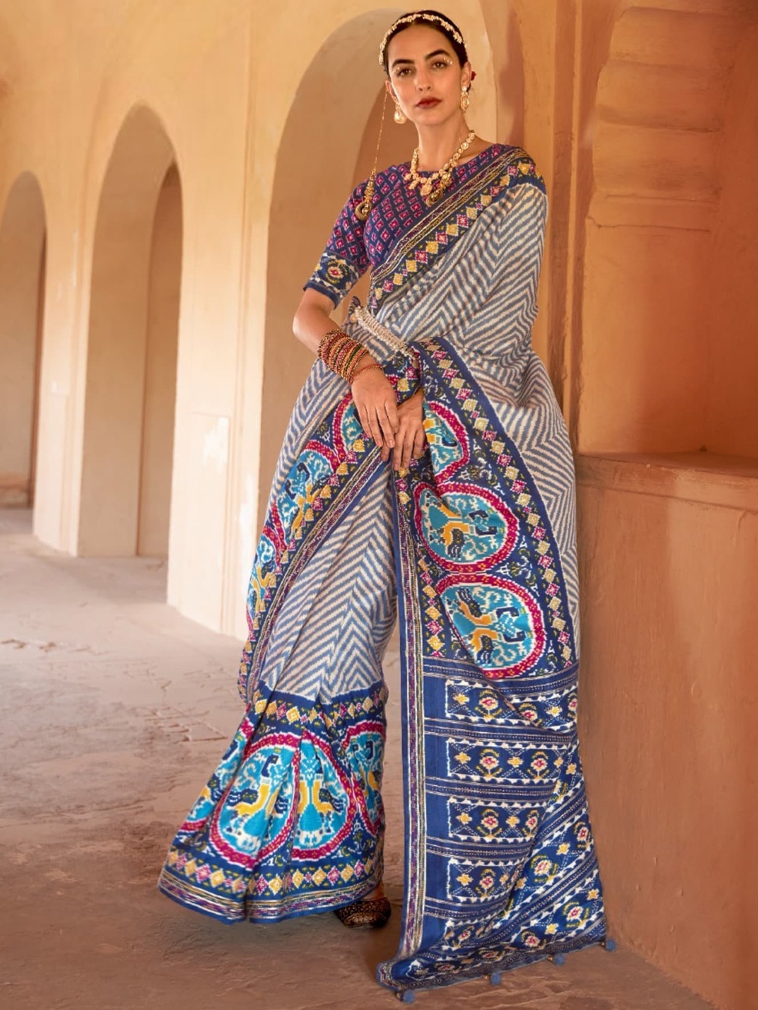 

Mitera Leheriya Pure Silk Patola Saree, Navy blue