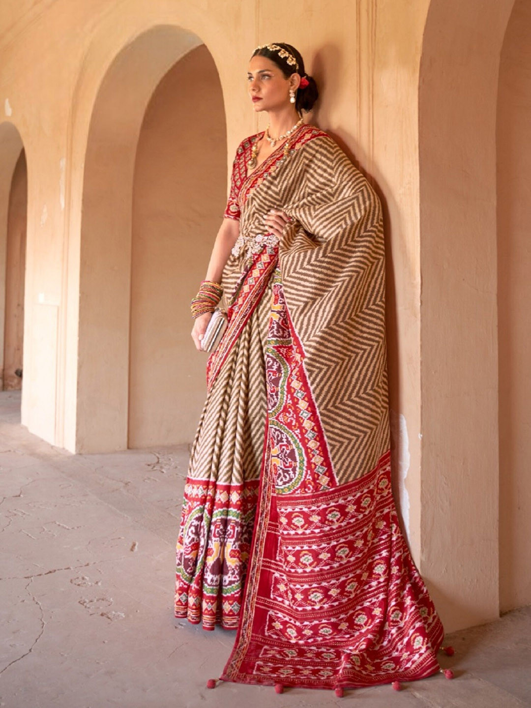 

Mitera Geometric Printed Pure Silk Patola Saree, Red