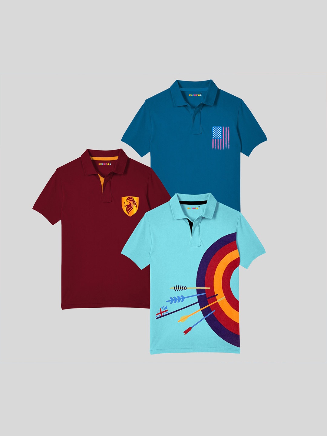 

KUCHIPOO Boys Pack of 3 Printed Polo Collar T-shirt, Blue