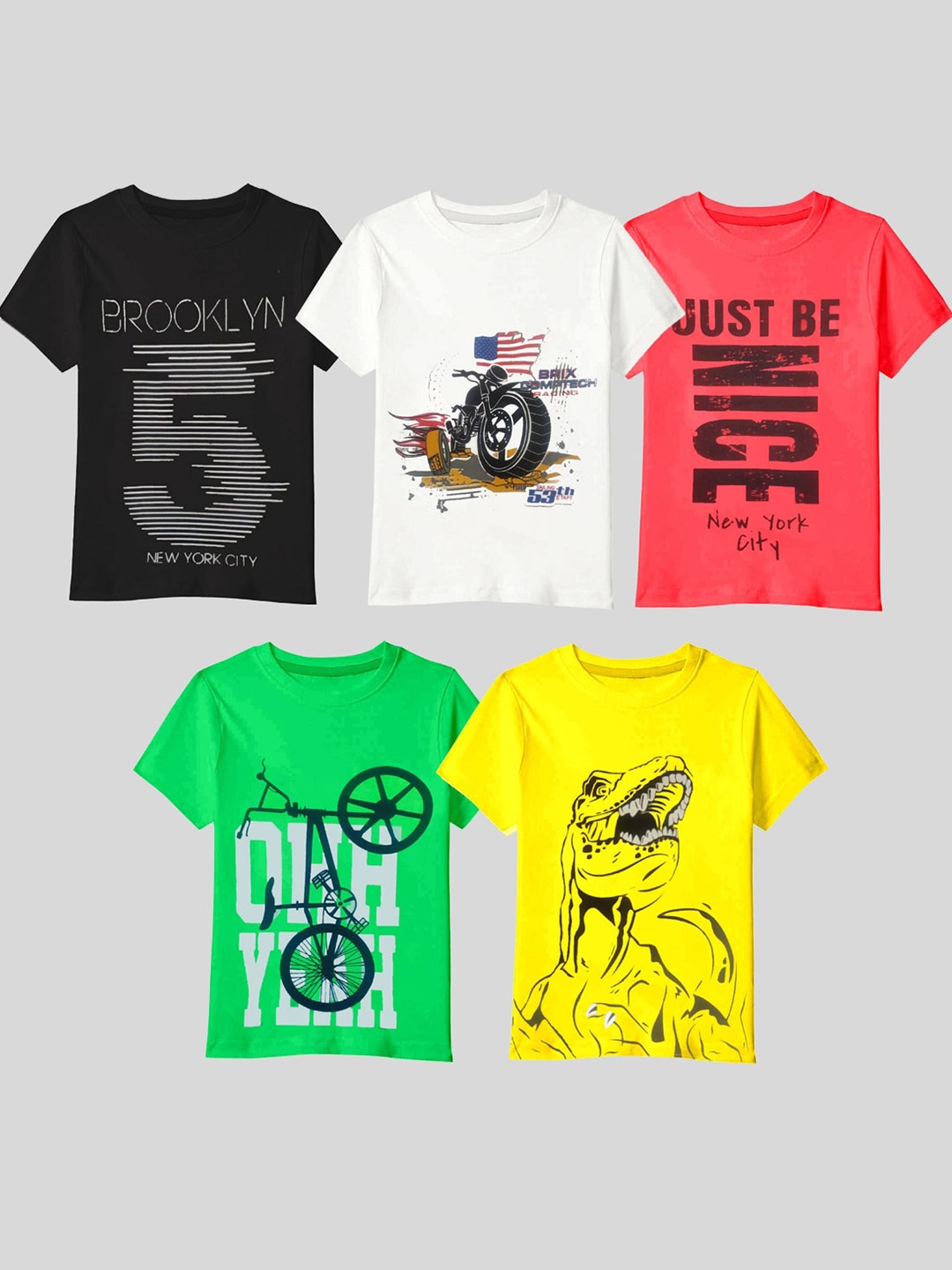 

KUCHIPOO Kids Pack Of 5 Printed Cotton T-shirt, Red