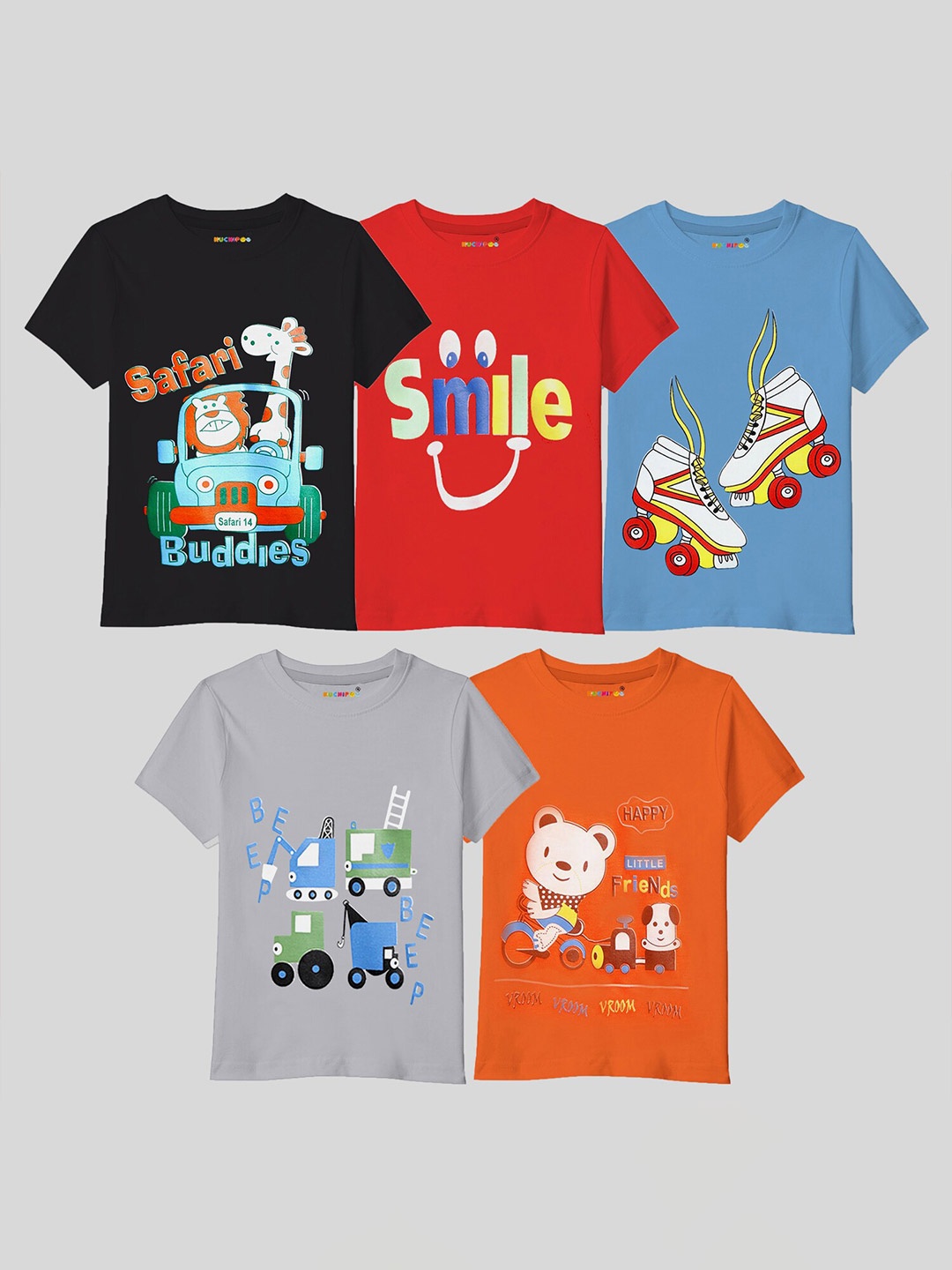 

KUCHIPOO Kids Pack Of 5 Printed T-shirt, Multi