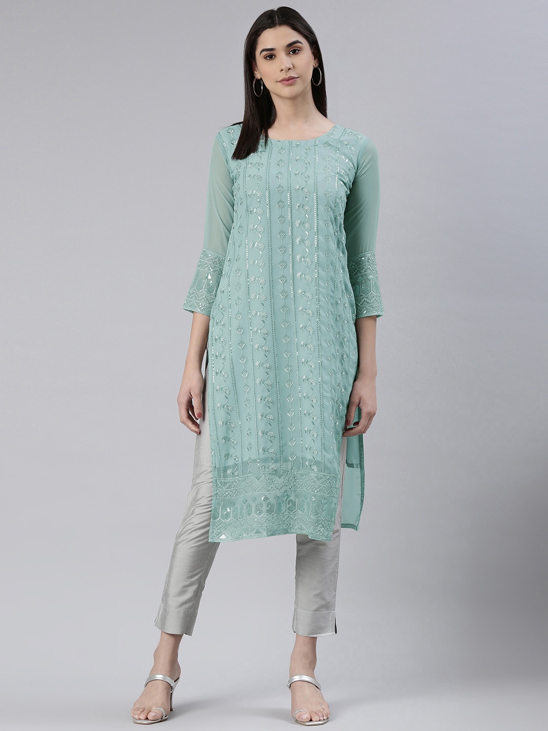 

VAIRAGEE Women Ethnic Motifs Embroidered Shadow Work Kurta, Sea green