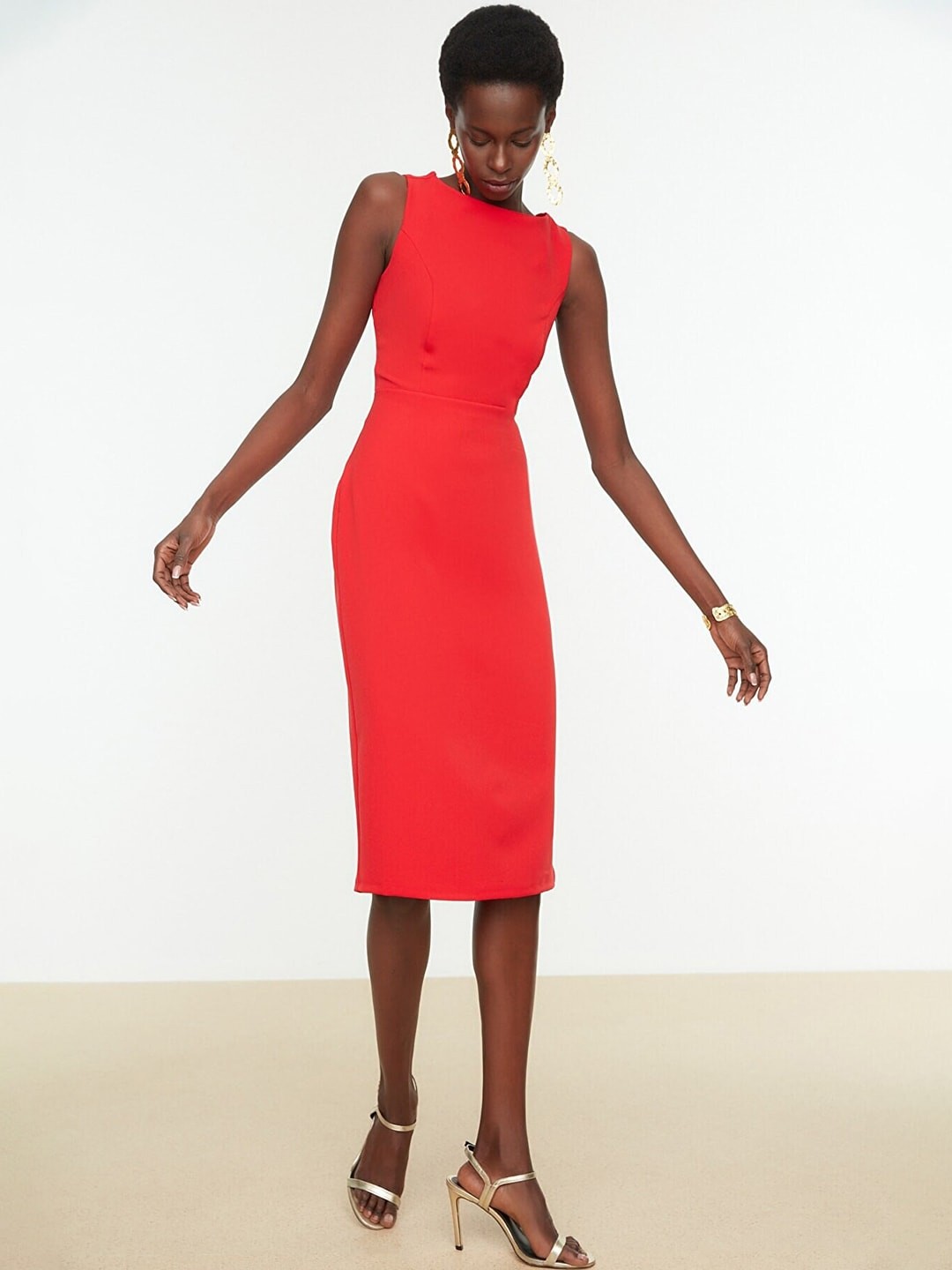 

Trendyol Boat Neck Sleeveless Sheath Dress, Red