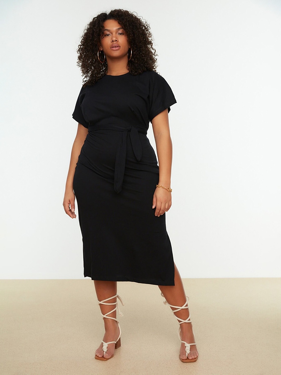 

Trendyol Flared Sleeves Pure Cotton Sheath Midi Dress, Black
