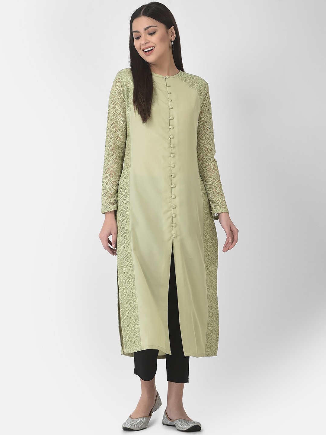 

Eavan Ethnic Motifs Embroidered Thread Work Crepe Kurta, Green