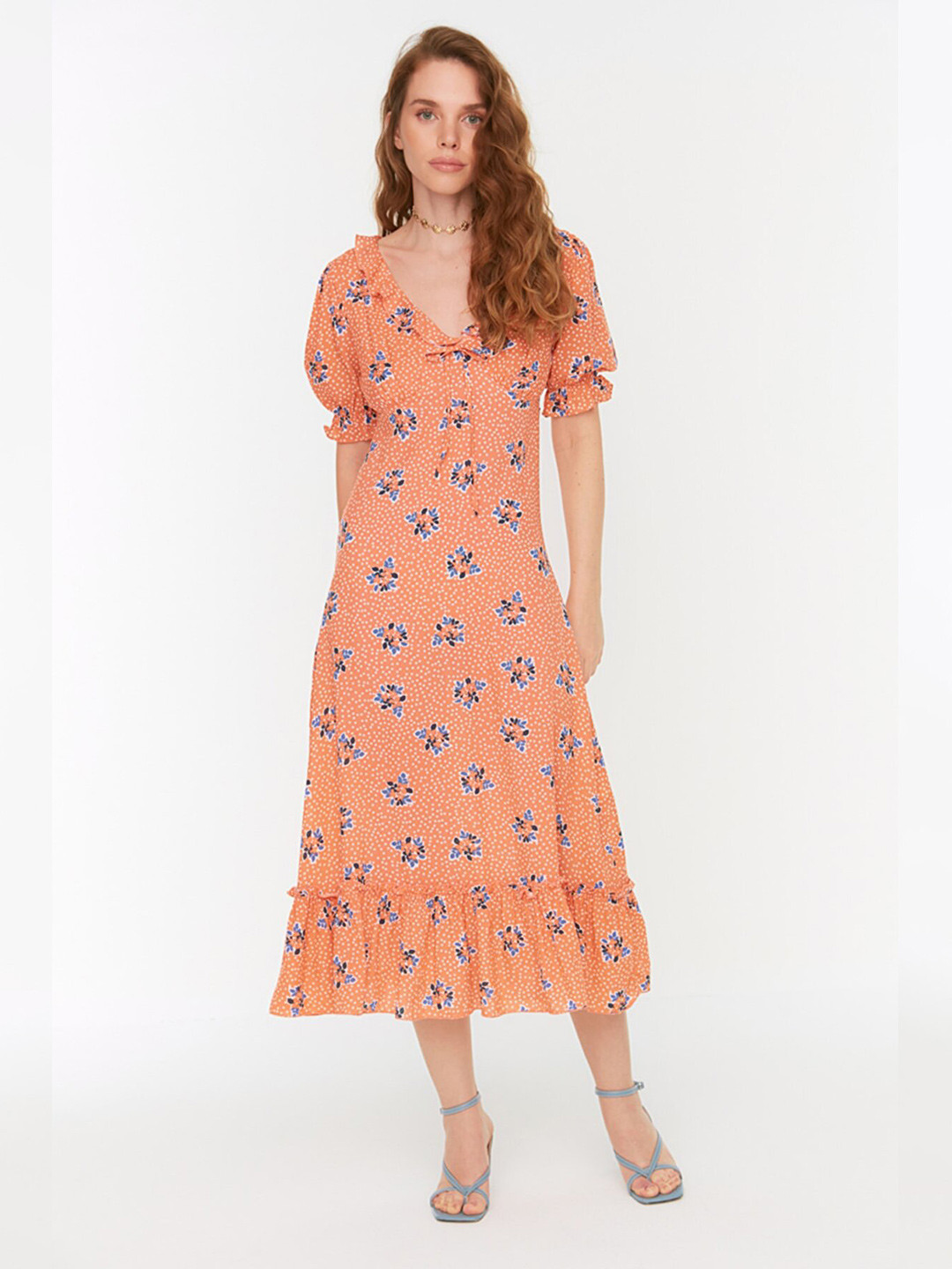 

Trendyol Floral Printed A-Line Midi Dress, Orange