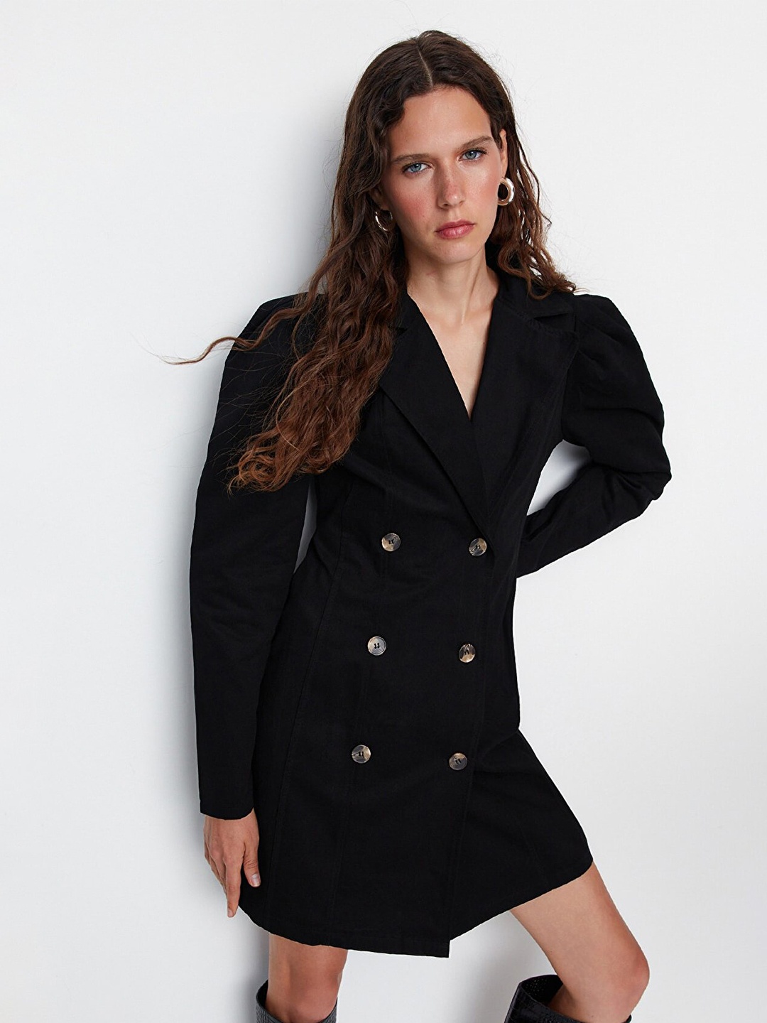 

Trendyol V-Neck Puff Sleeve Blazer Cotton Dress, Black