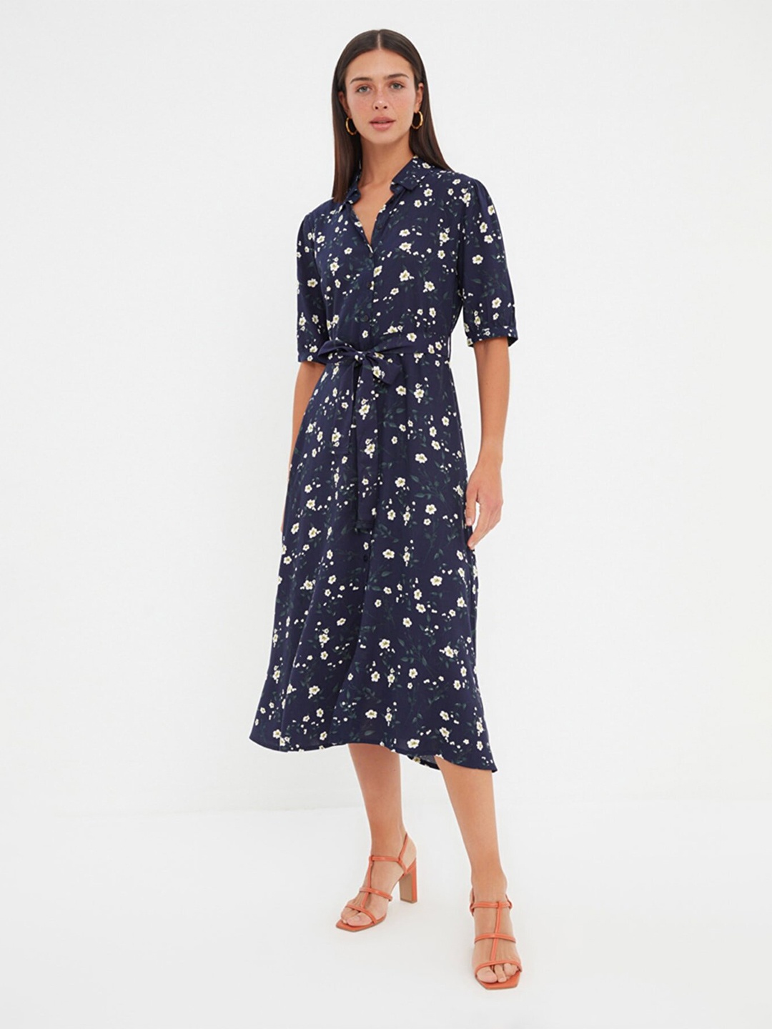 

Trendyol Floral Shirt Midi Dress, Navy blue