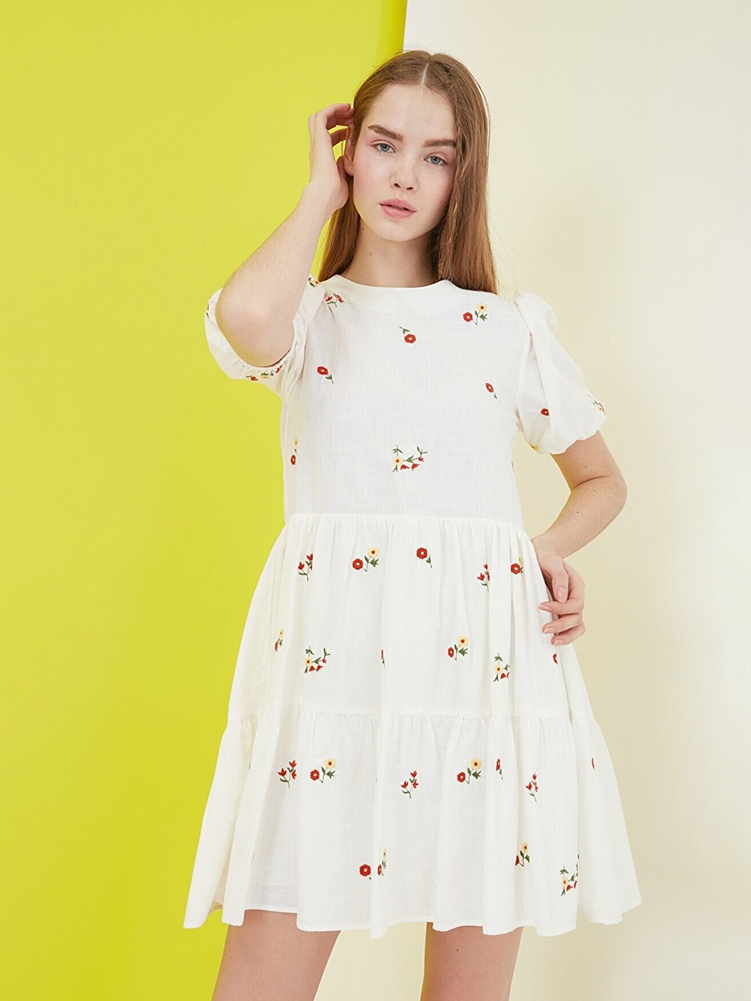 

Trendyol Floral Embroidered Pure Cotton Dress, Off white