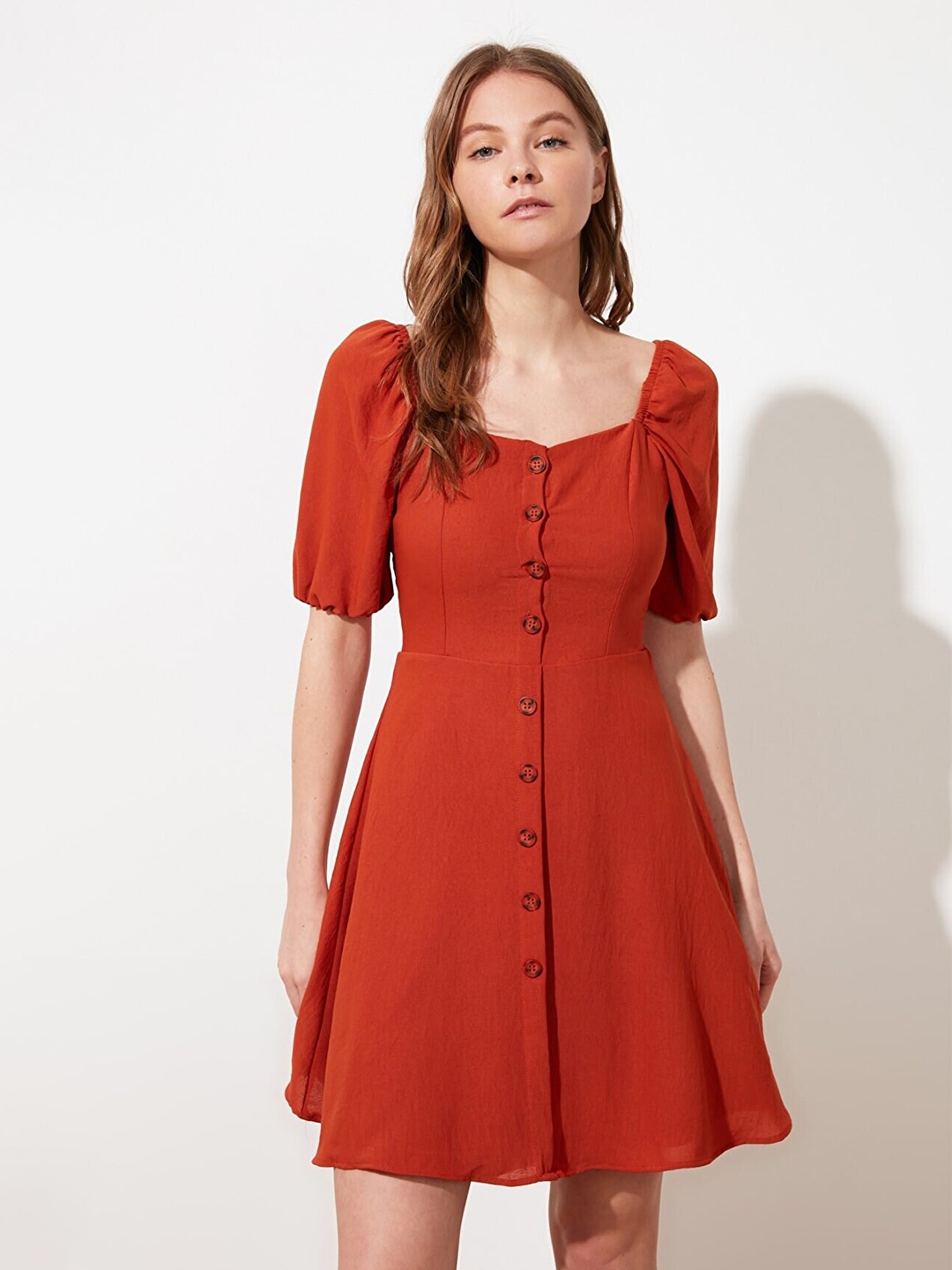 

Trendyol Square Neck Puff Sleeves Fit and Flare Dress, Rust