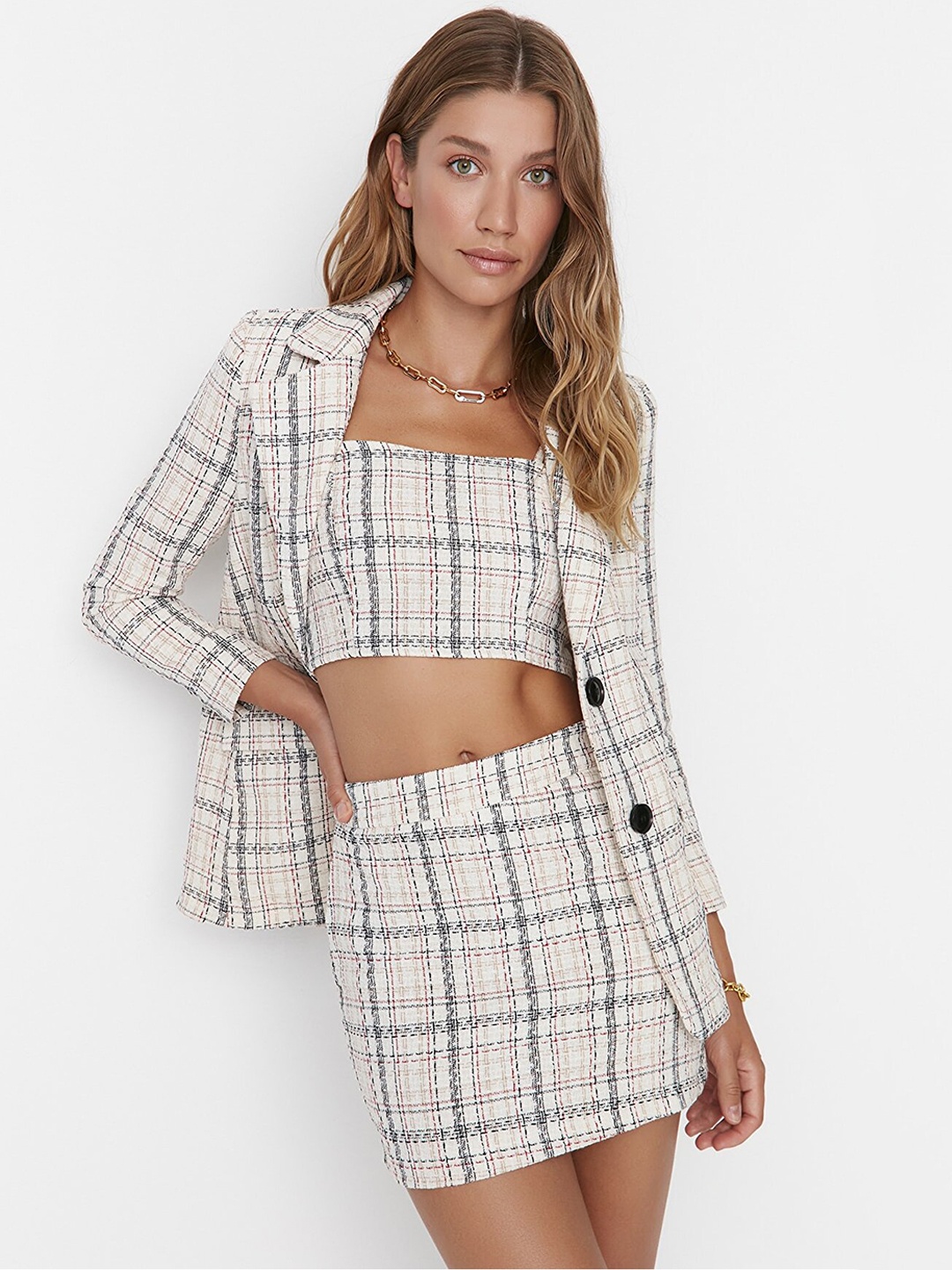 

Trendyol Checked Pure Cotton Mini Skirts, Off white