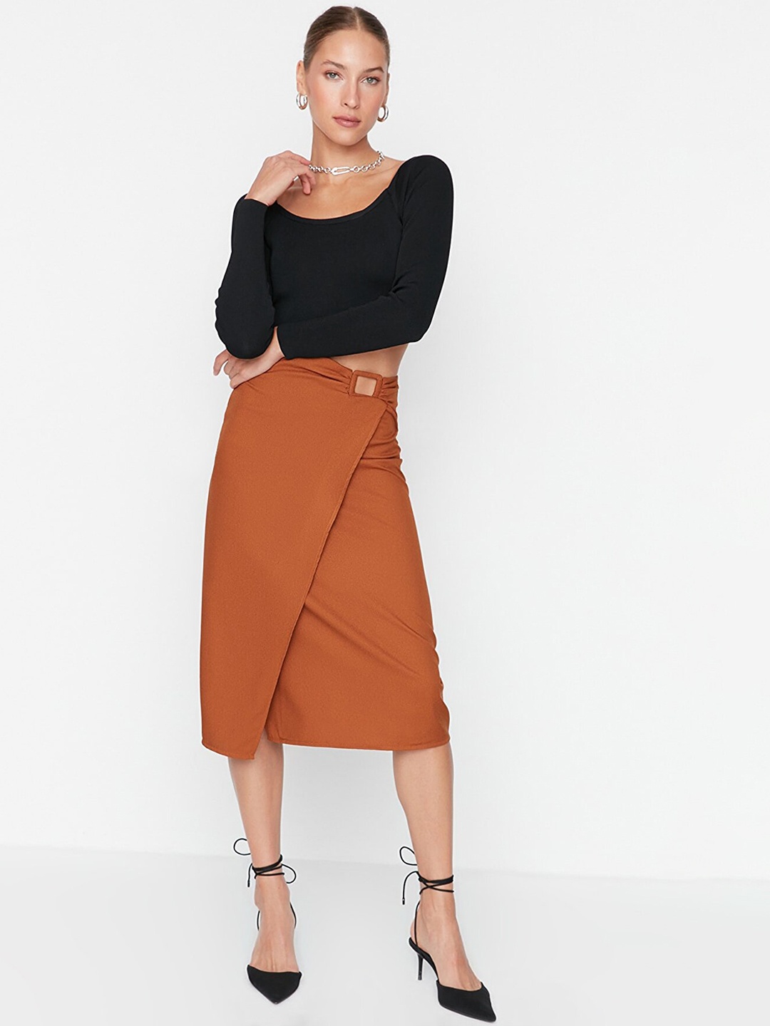

Trendyol Zip Closure Wrap Midi Skirt, Rust
