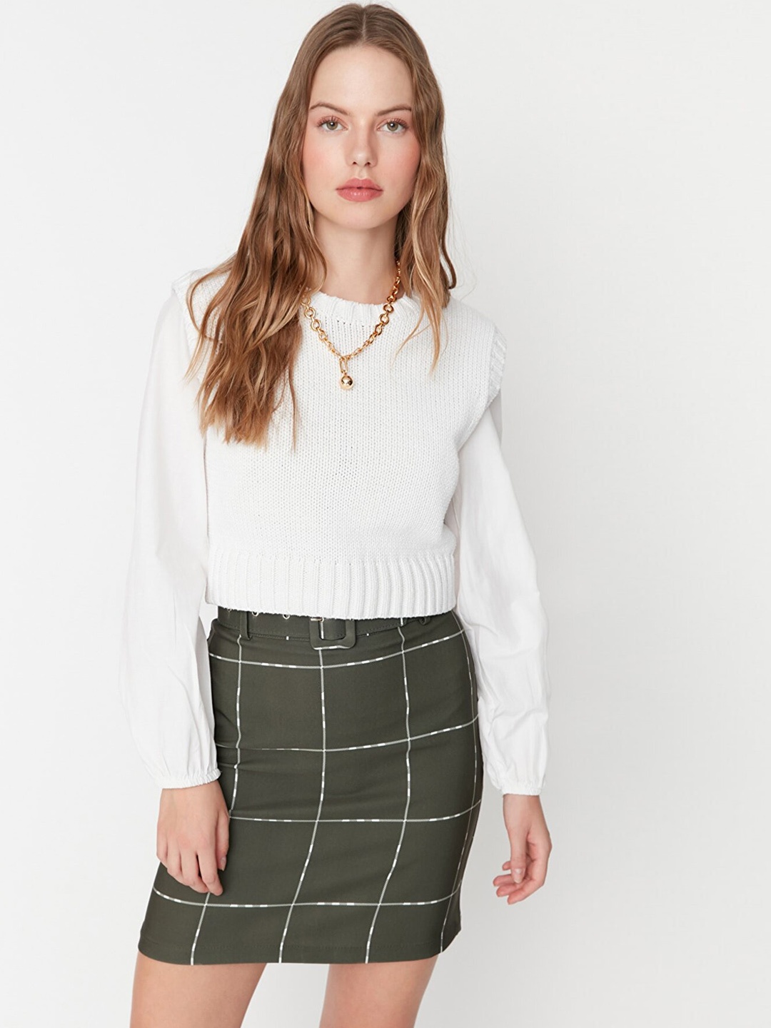 

Trendyol Checked Pencil Mini Skirt, Olive