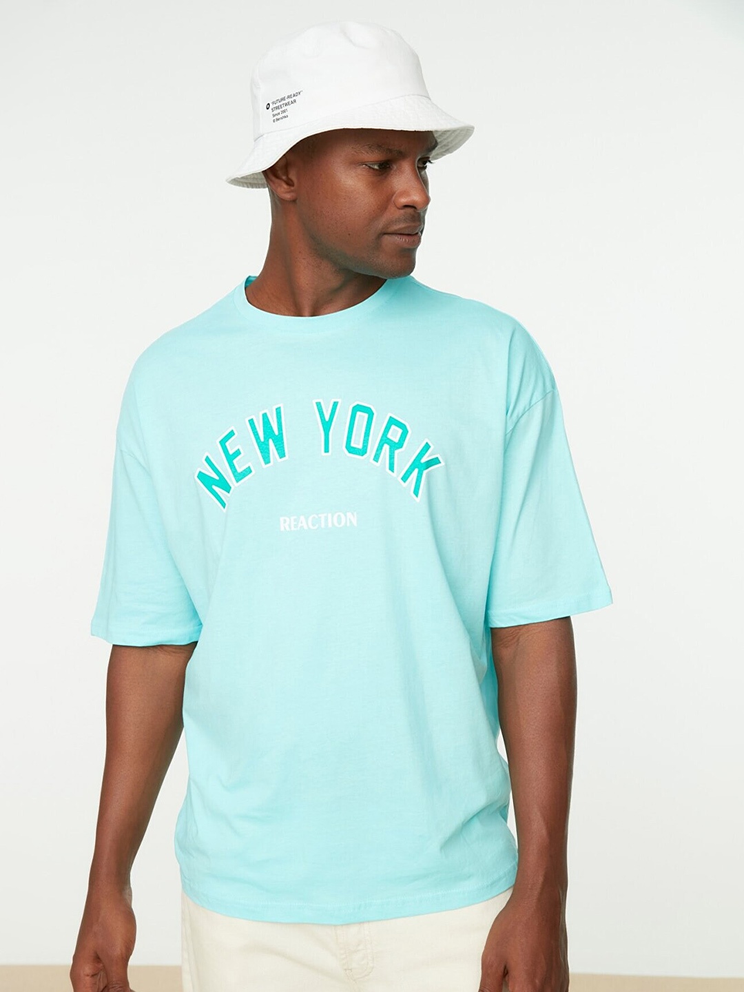 

Trendyol Men Typography Printed Pure Cotton T-shirt, Turquoise blue