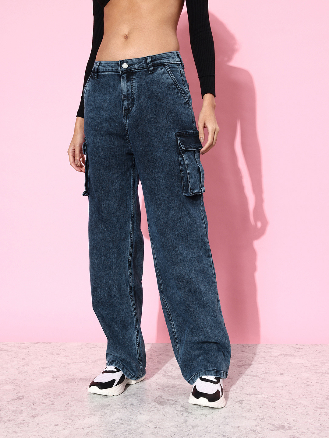 

DressBerry Women Indigo Blue Cargo Straight We May Party Neutility Jeans