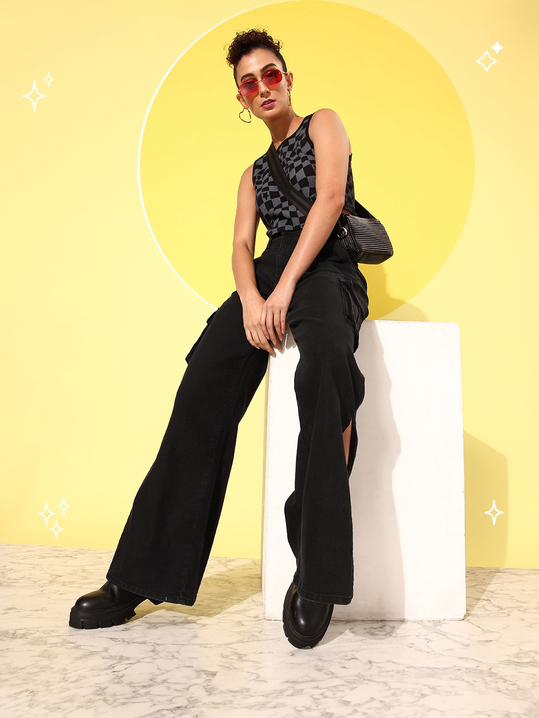 

Dressberry Women Jet Black Flared High-Rise Slit Detail Neutility Cargo Jeans