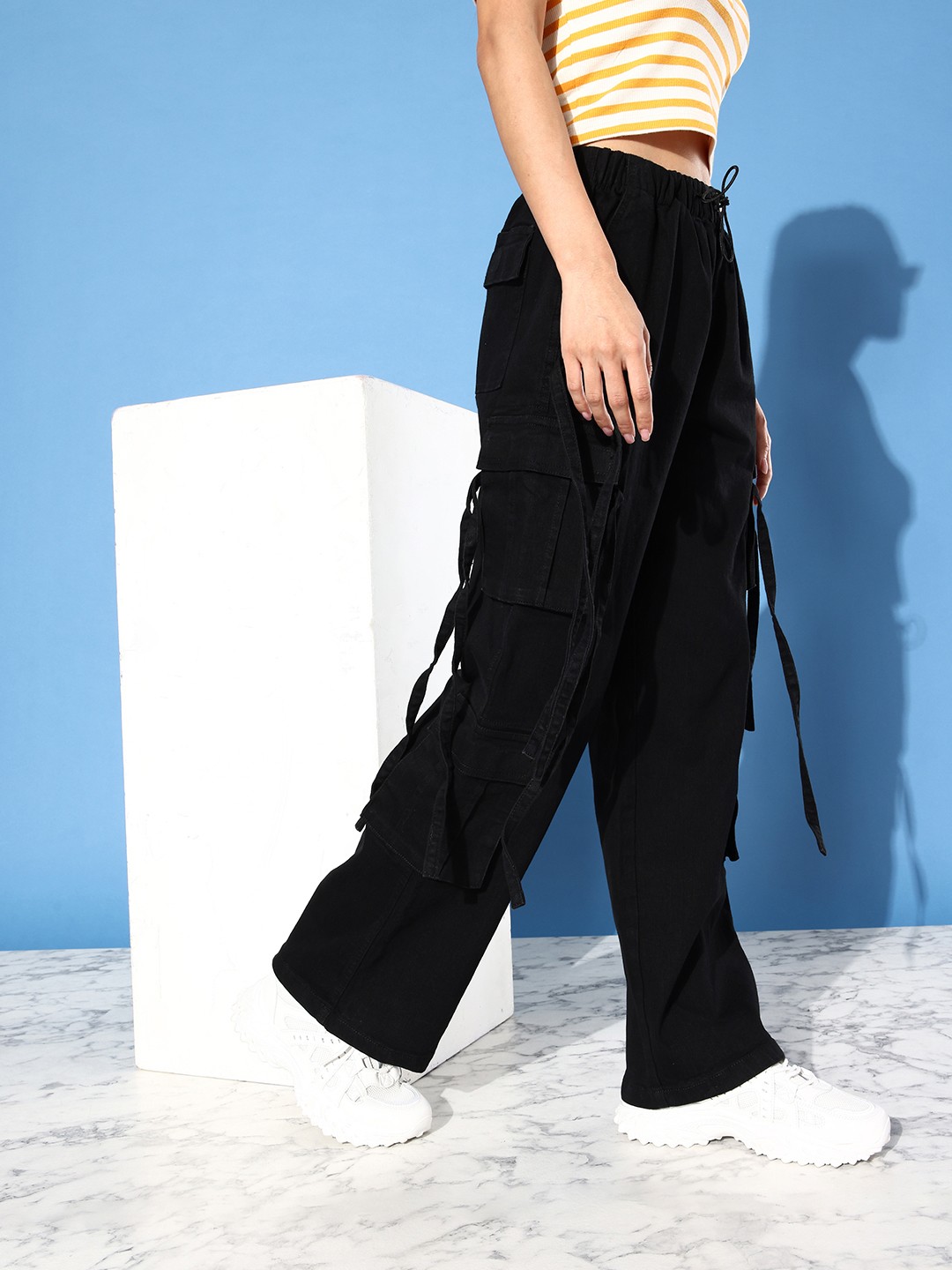 

4WRD by Dressberry Women Jet Black Straight Stretchable We May Party Neutility Cargo Jeans