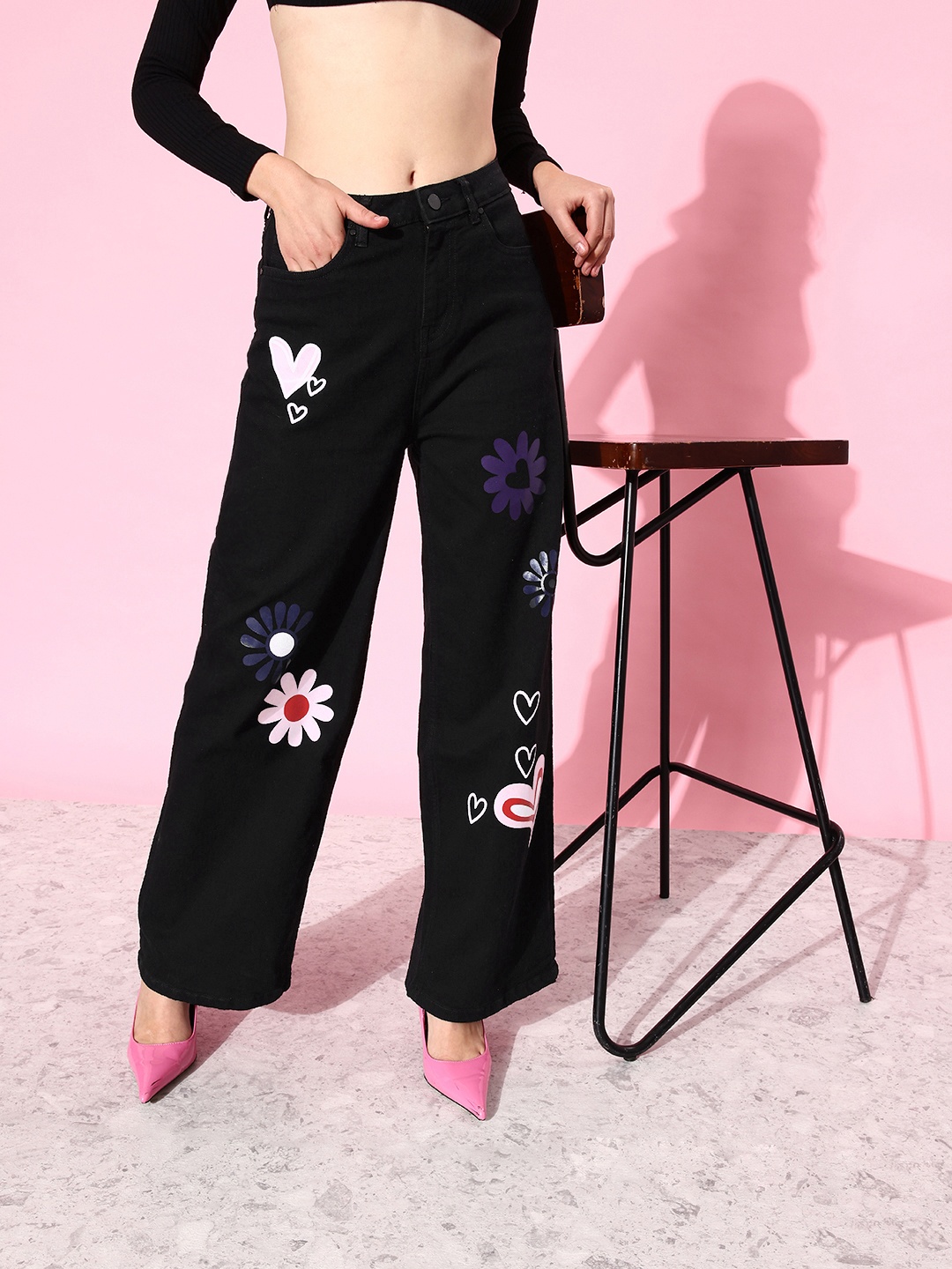 

DressBerry Women Jet Black High Rise Printed Joy De June Straight fits Jeans