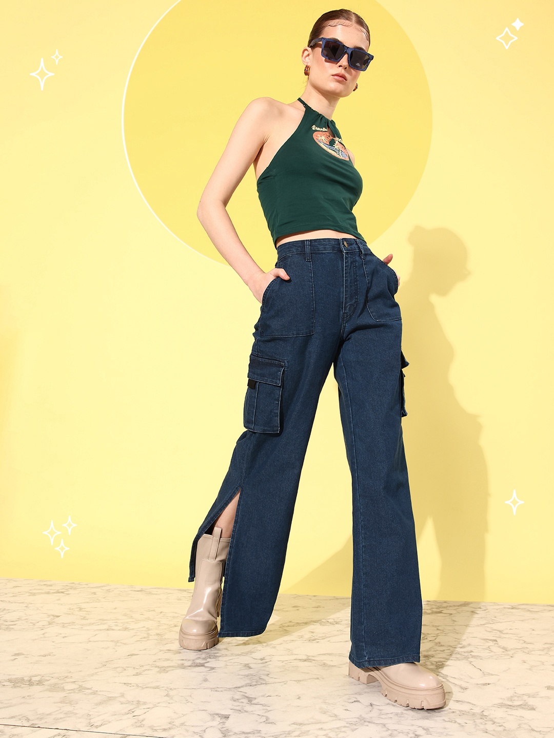 

Dressberry Women Blue Flared High-Rise Slit Detail Neutility Cargo Jeans, Navy blue