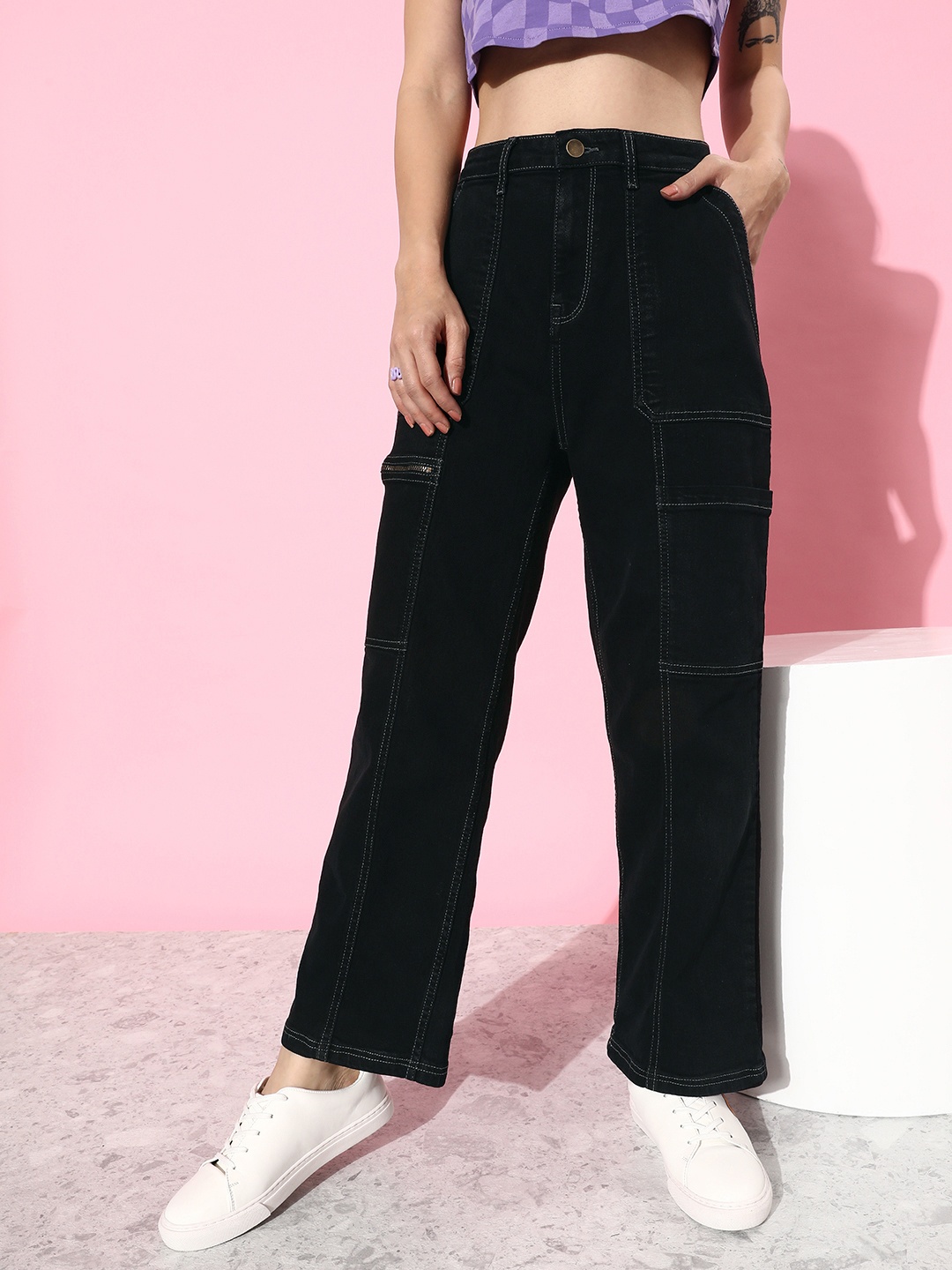 

DressBerry Women Jet Black Party Neutility Wide Leg Stretchable Jeans