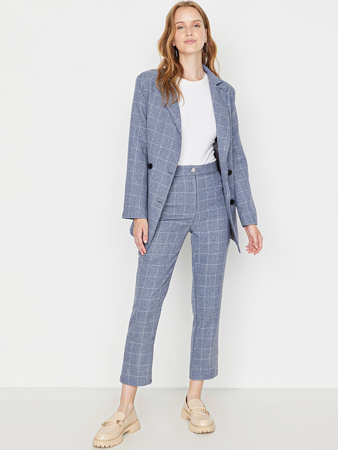 

Trendyol Women Checked Pleated Trousers, Blue