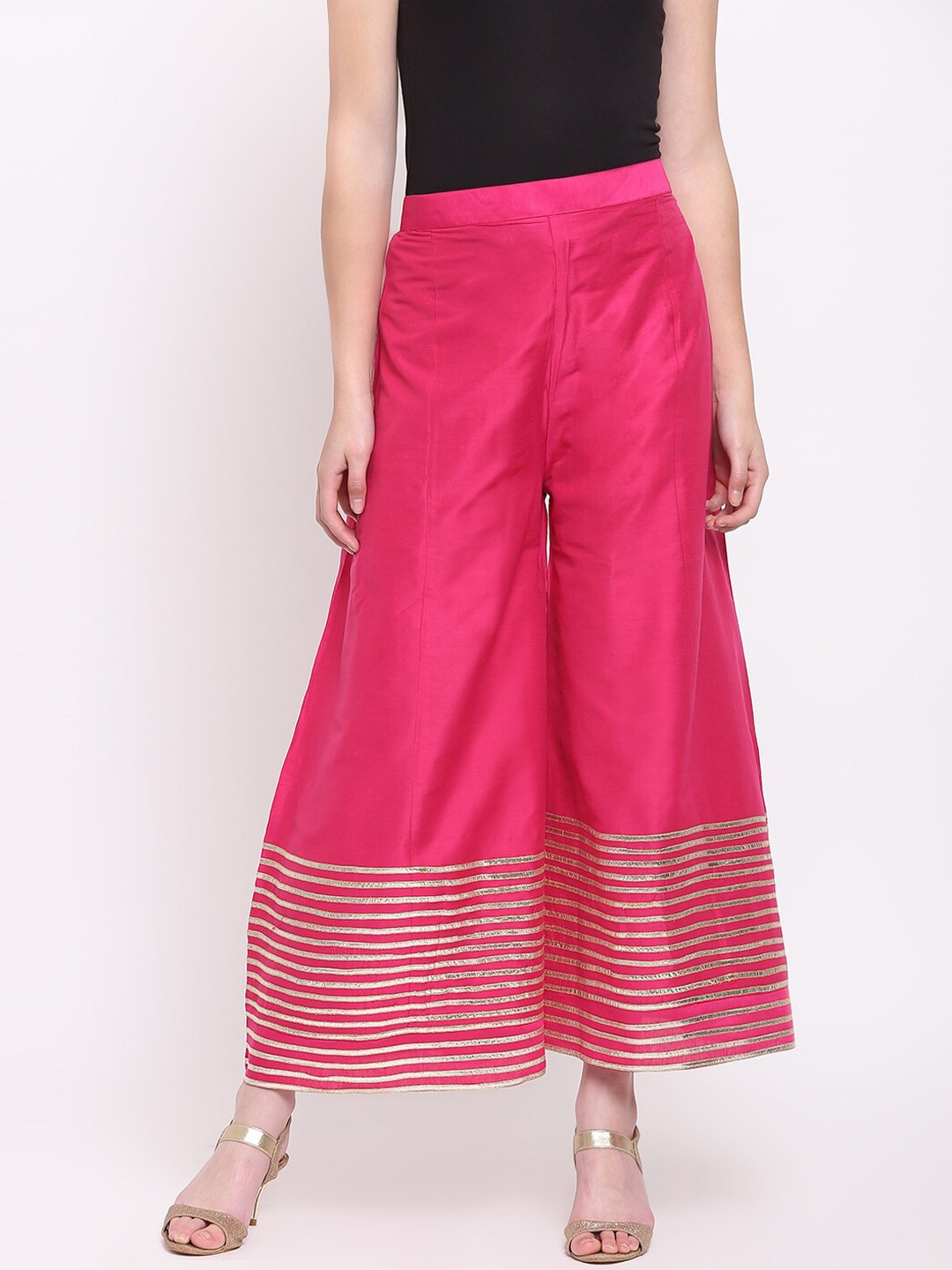 

RIVI Women Striped Flared Pure Cotton Palazzos, Magenta
