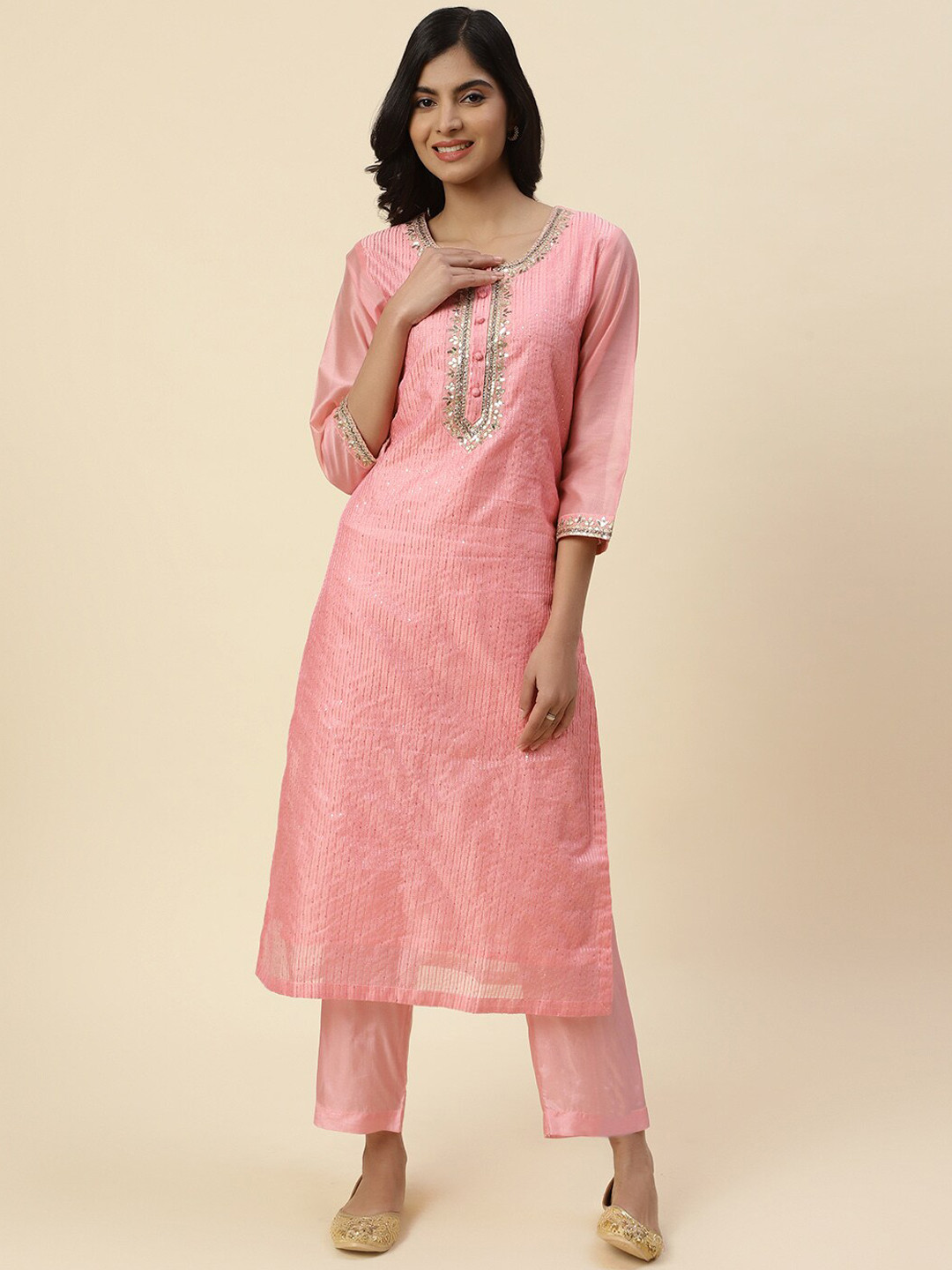 

Meena Bazaar Women Pink Ethnic Motifs Embroidered Sequinned Chanderi Silk Kurta with Trousers