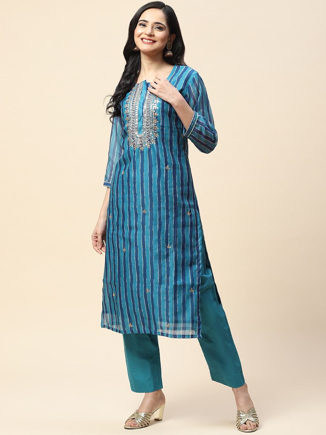 

Meena Bazaar Women Striped Mukaish Chanderi Silk Kurta with Trousers, Blue