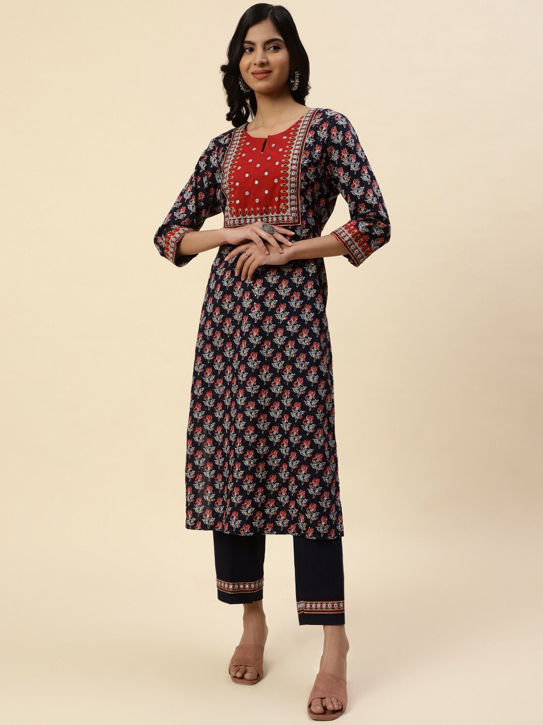 

Meena Bazaar Women Floral Printed Mirror Work Pure Cotton Kurta with Trousers, Navy blue