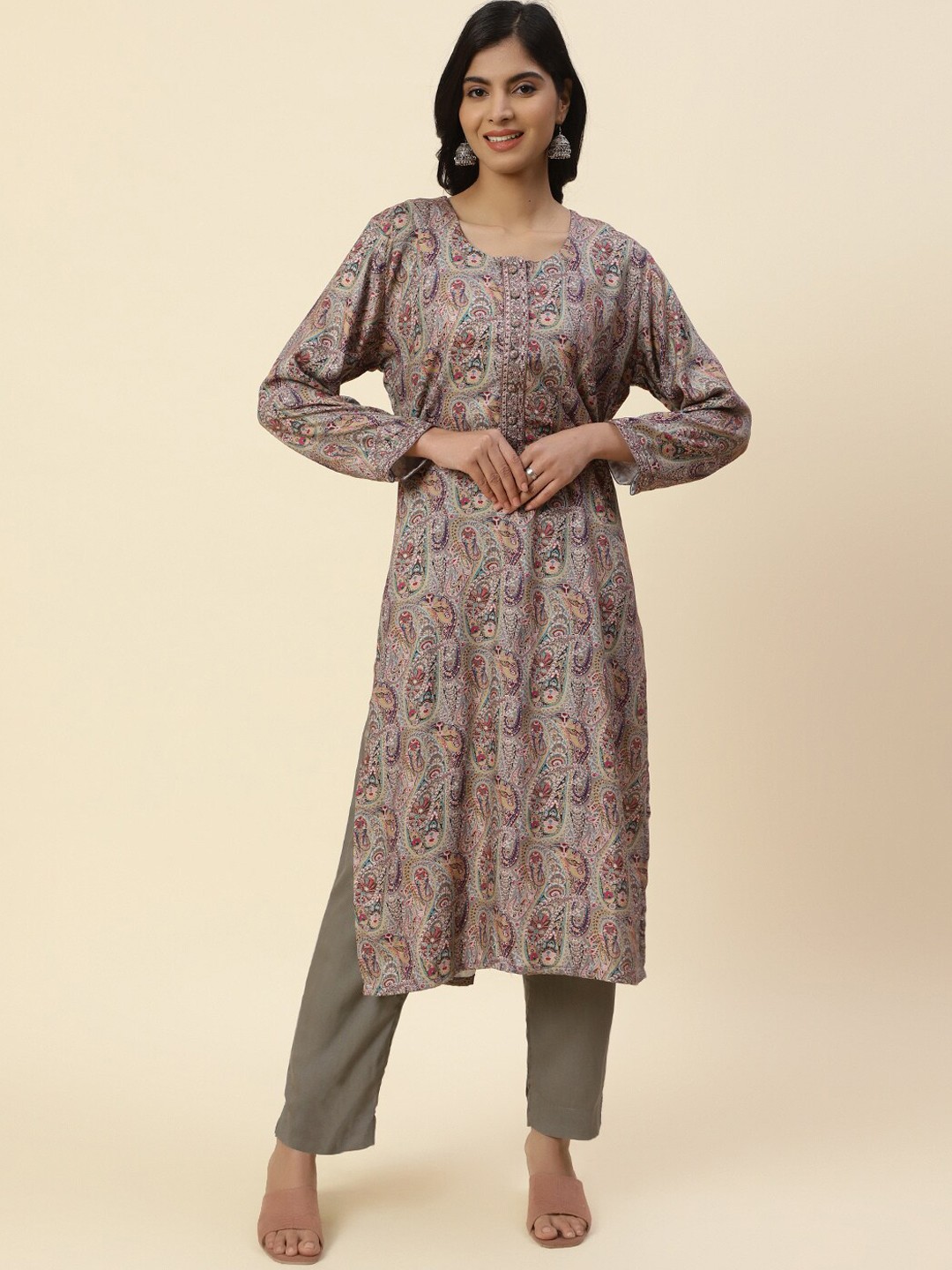 

Meena Bazaar Women Paisley Printed Kurta with Trousers, Grey