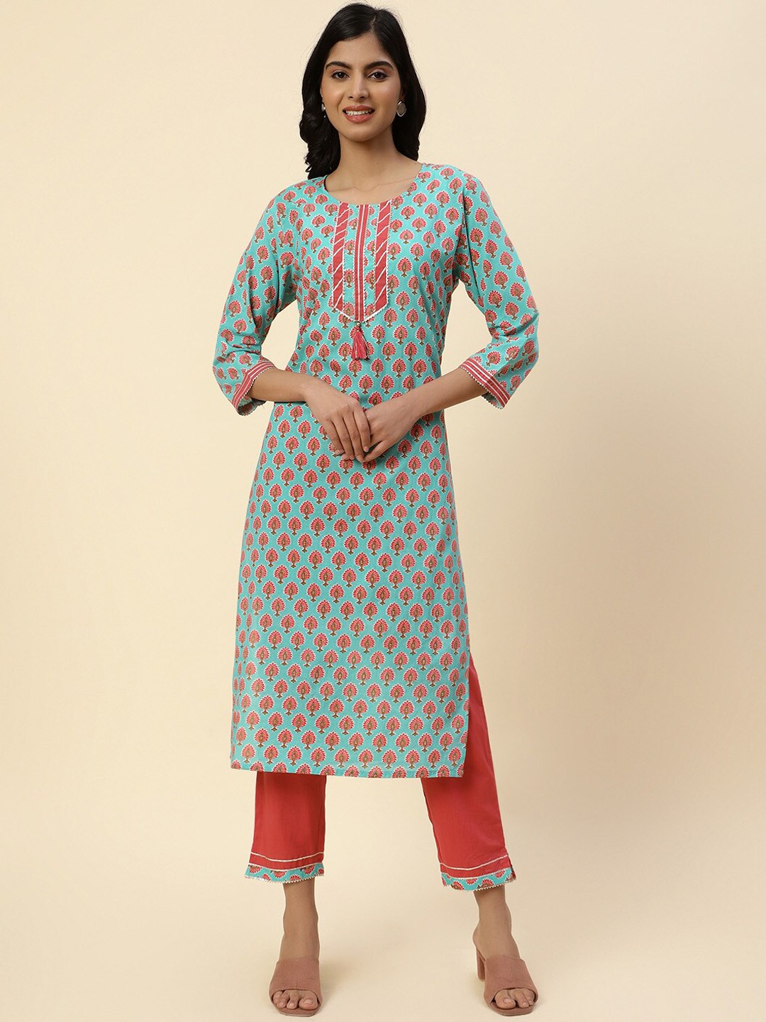 

Meena Bazaar Women Ethnic Printed Thread Work Pure Cotton Kurta with Trousers, Sea green
