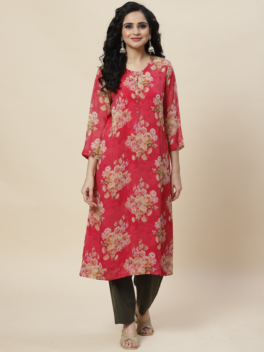 

Meena Bazaar Women Floral Printed Kurta with Palazzos, Pink