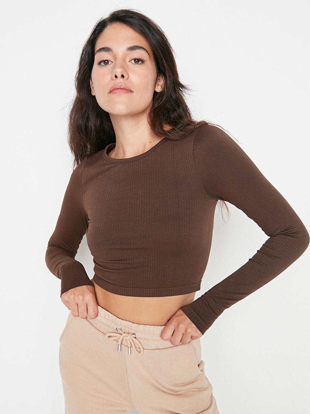 

Trendyol Women Round Neck Crop Top, Brown