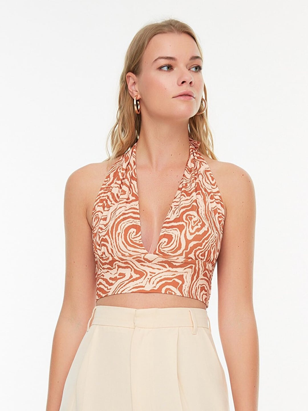 

Trendyol Print Halter Neck Crop Top, Orange