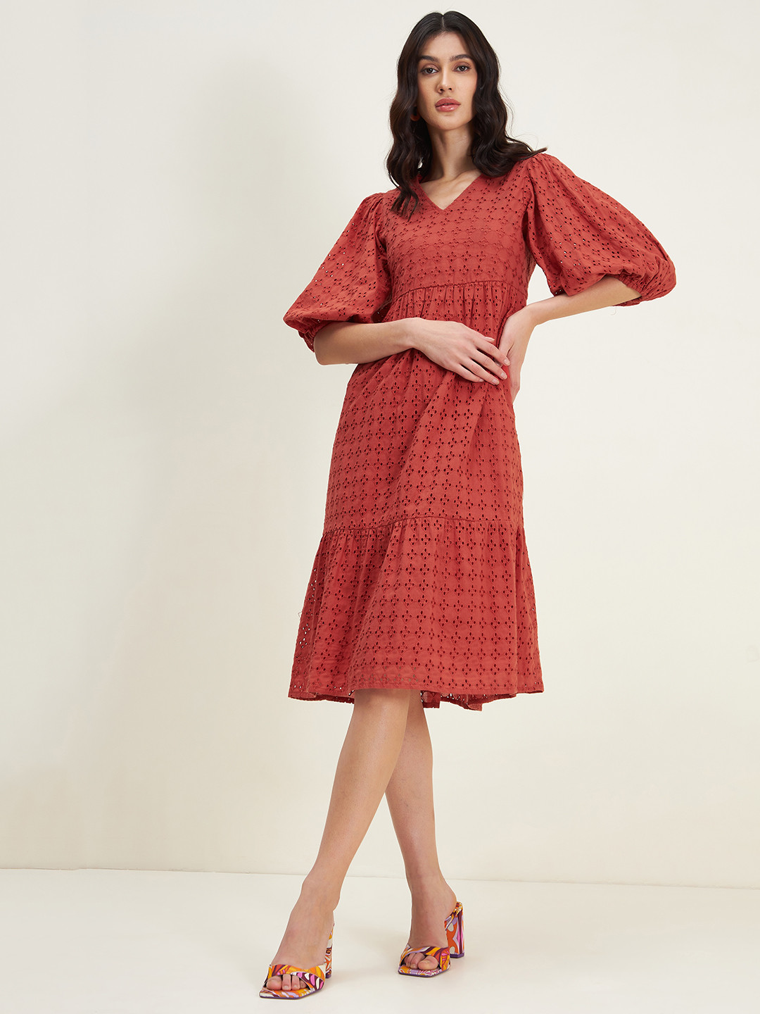 

Femella Floral Printed Pure Cotton V-Neck Midi Dress, Pink