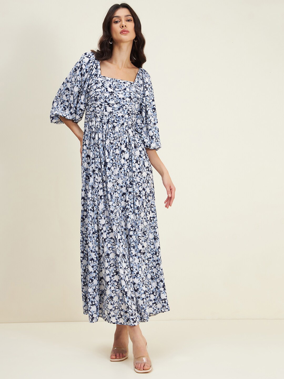 

Femella Floral Printed Ruched Maxi Dress, Blue