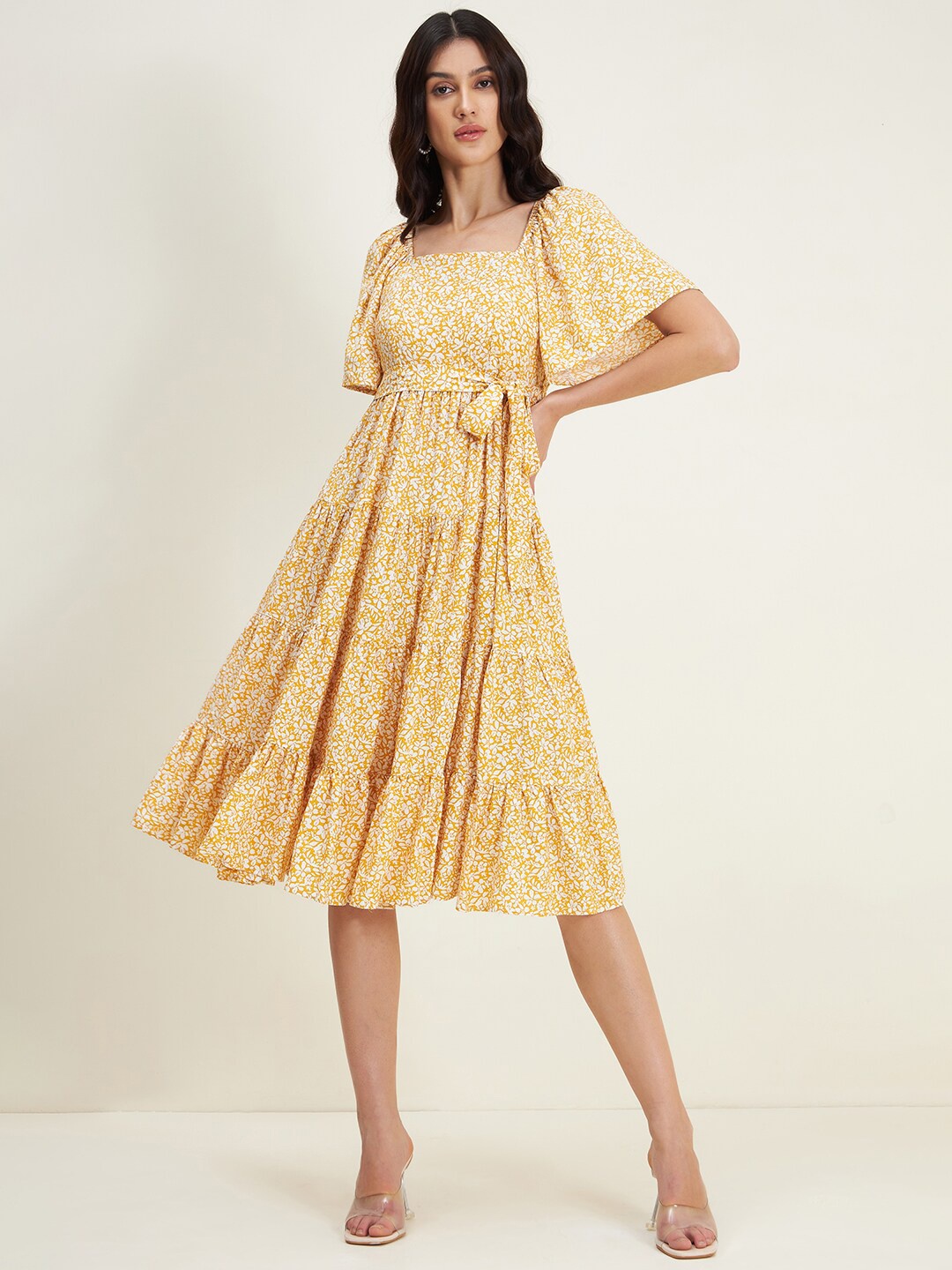

Femella Floral Printed Tiered Midi Dress, Mustard