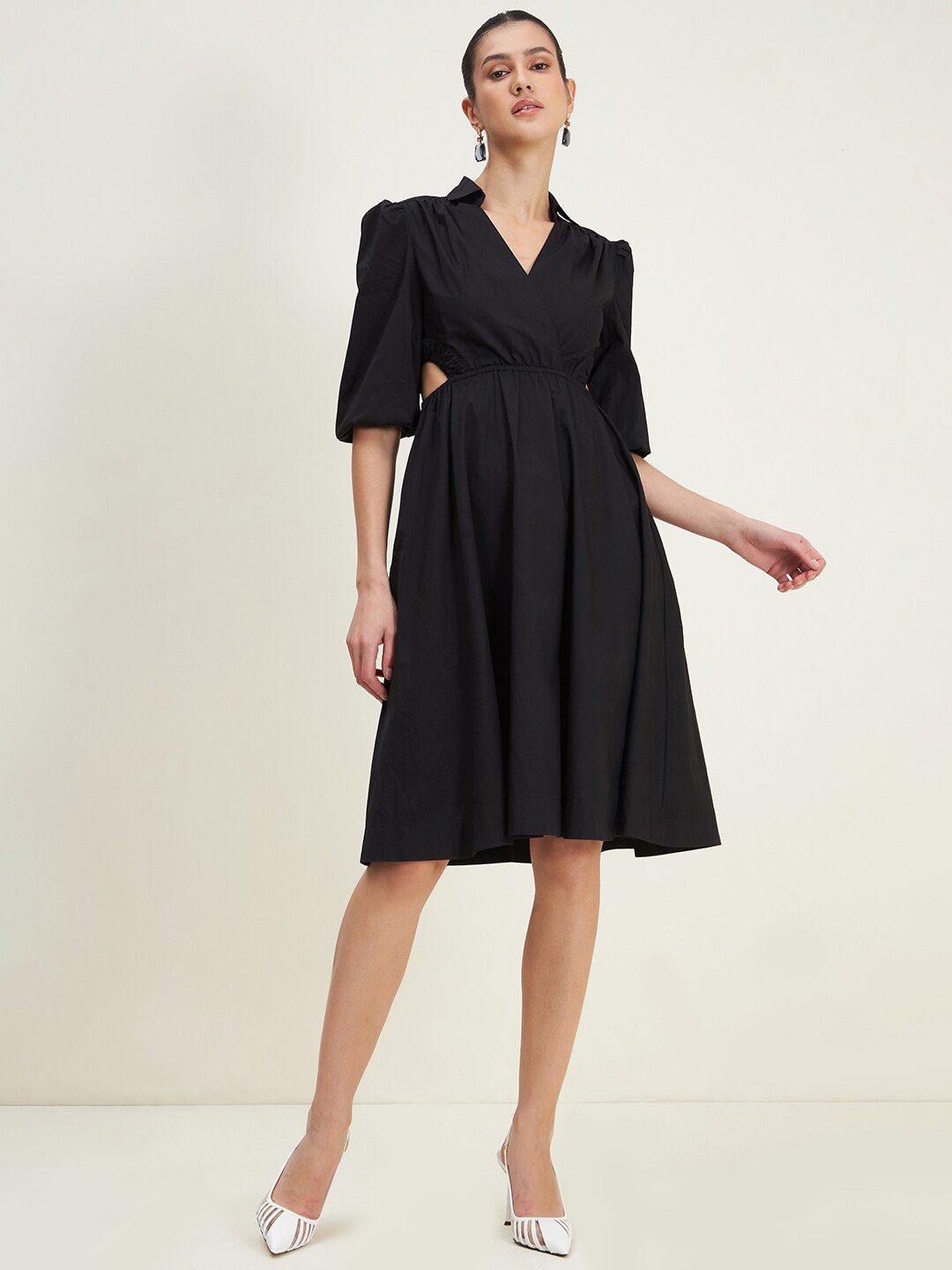 

Femella Cutout Knee Length Pure Cotton Dress, Black