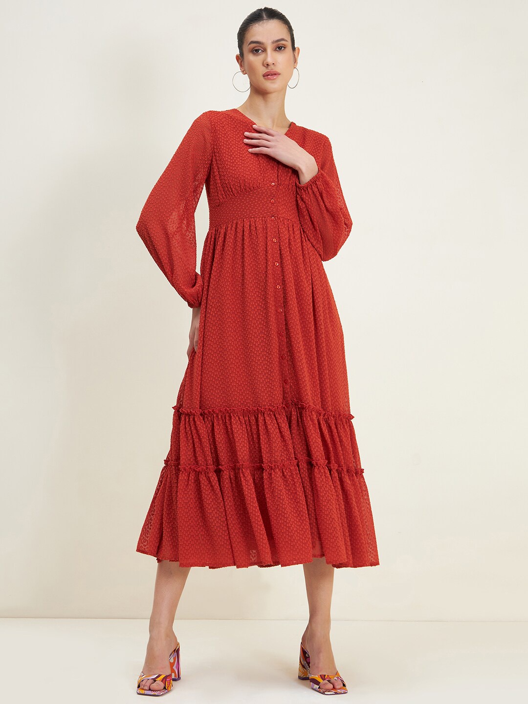 

Femella Self Design Puff Sleeves Midi Fit & Flare Dress, Red