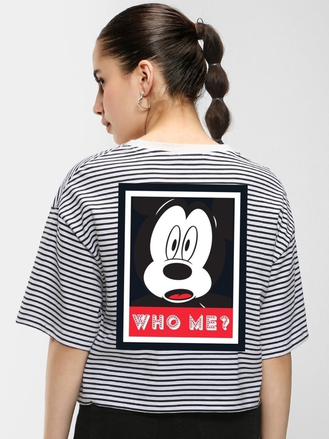 

Bewakoof Striped Drop-Shoulder Sleeves Loose Cotton T-shirt, White