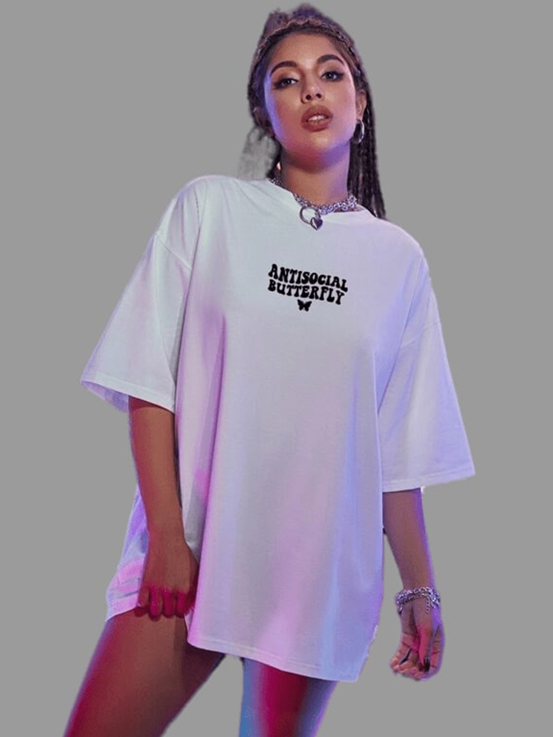 

TRENDY RABBIT Women Typography Drop-Shoulder Sleeves Loose Cotton T-shirt, White