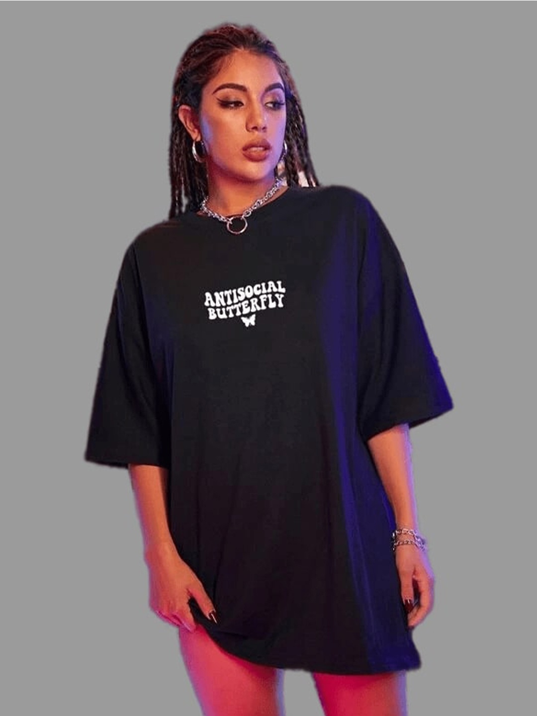 

TRENDY RABBIT Women Typography Drop-Shoulder Sleeves Loose Cotton T-shirt, Black