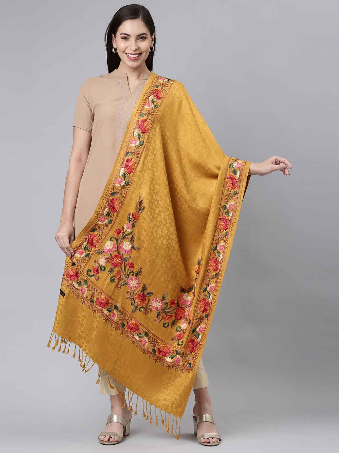 

Pashmoda Women Floral Embroidered Stole, Mustard