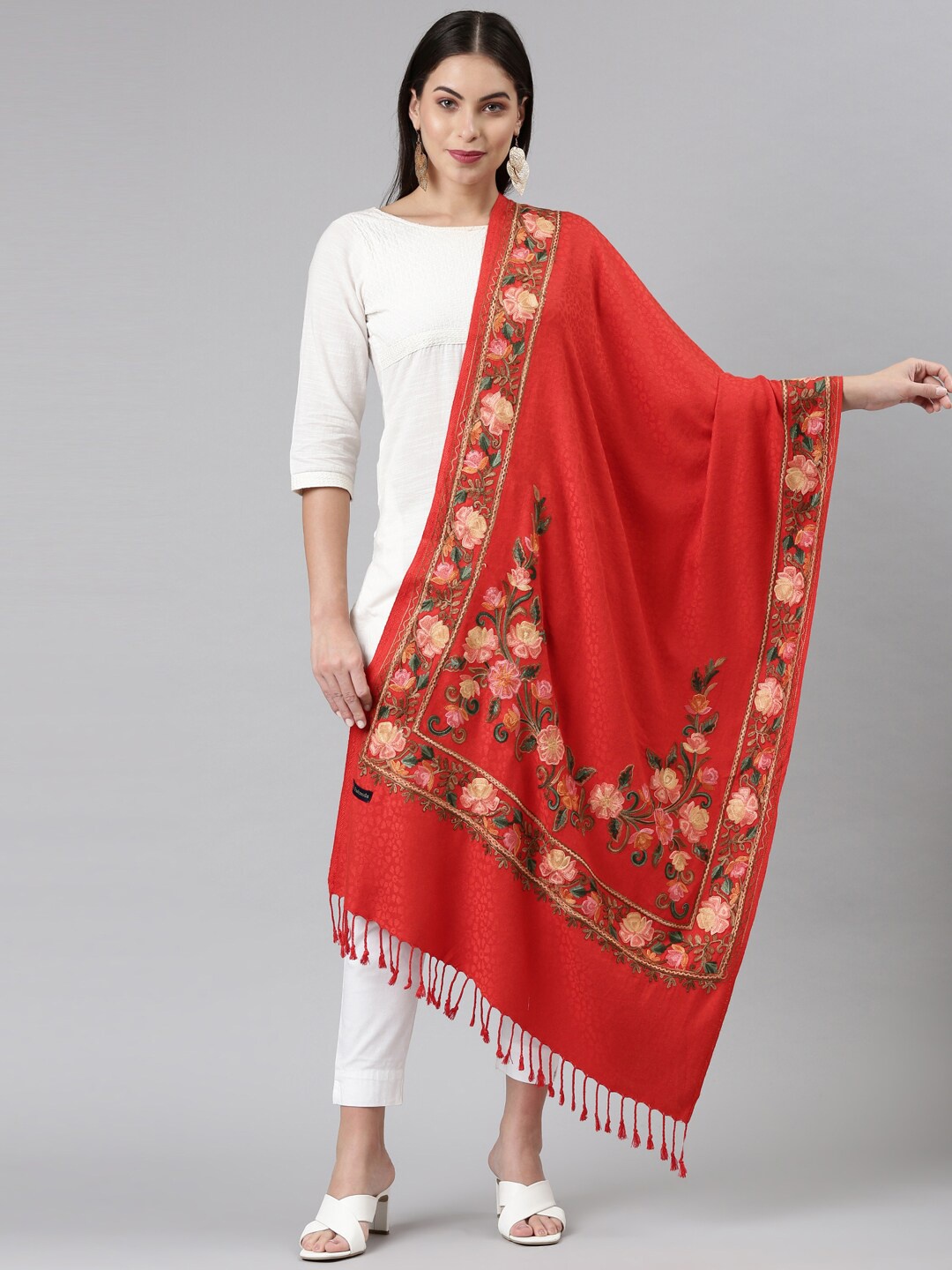 

Pashmoda Women Floral Embroidered Stole, Red
