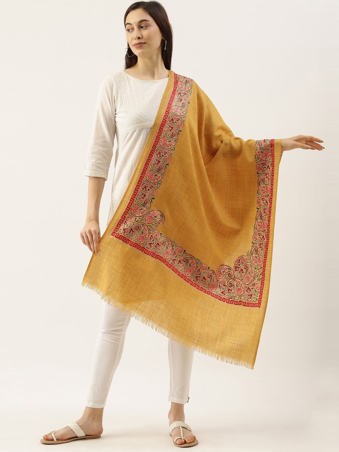 

Pashmoda Women Embroidered Pure Wool Stole, Yellow