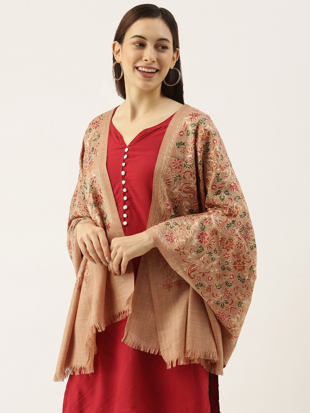 

Pashmoda Women Embroidered Pure Wool Stole, Beige