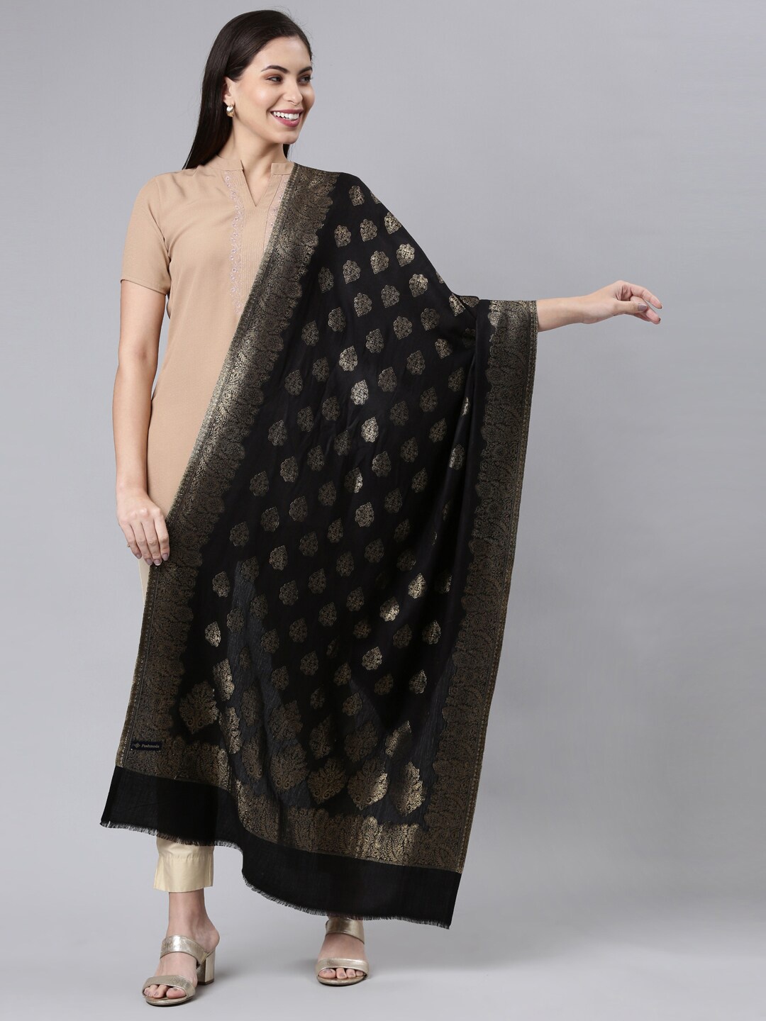 

Pashmoda Women Woven Design Stole, Black