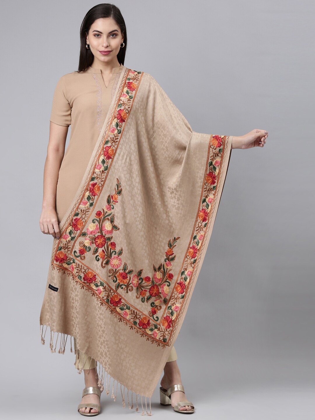 

Pashmoda Women Embroidered Stole, Beige