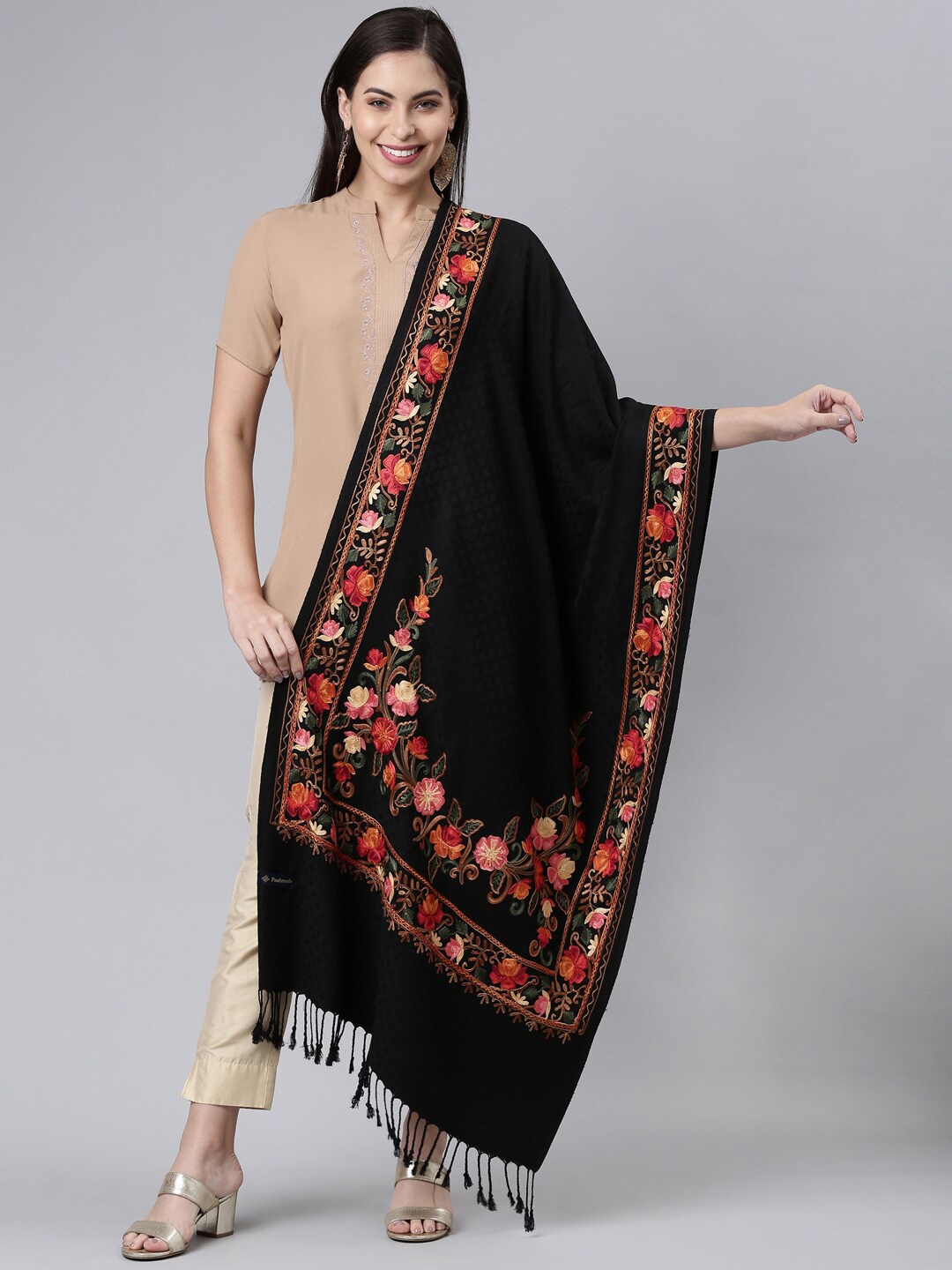 

Pashmoda Women Embroidered Stole, Black