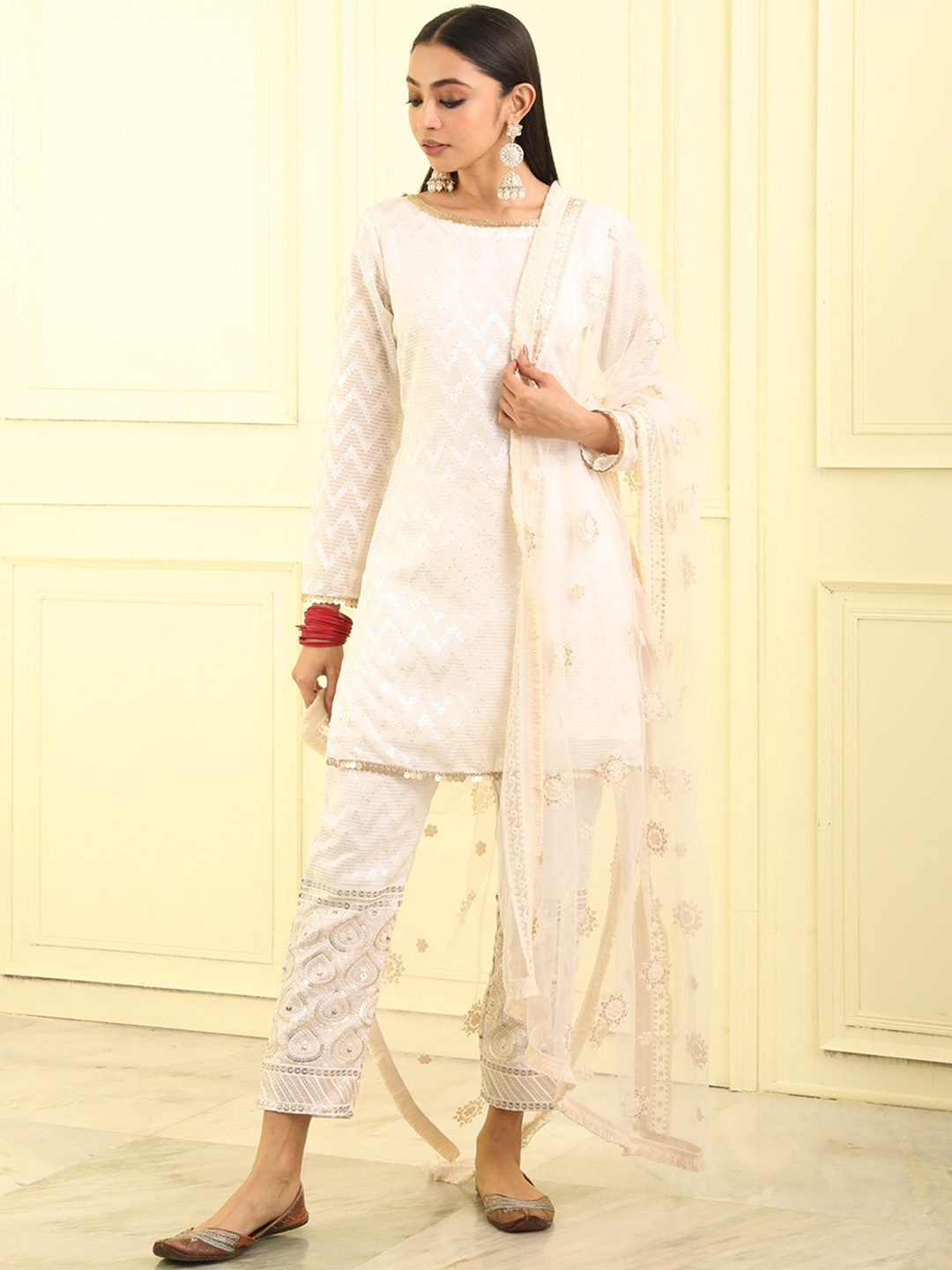 

BEATITUDE Chevron Embroidered Boat Neck Sequinned Kurti, Off white